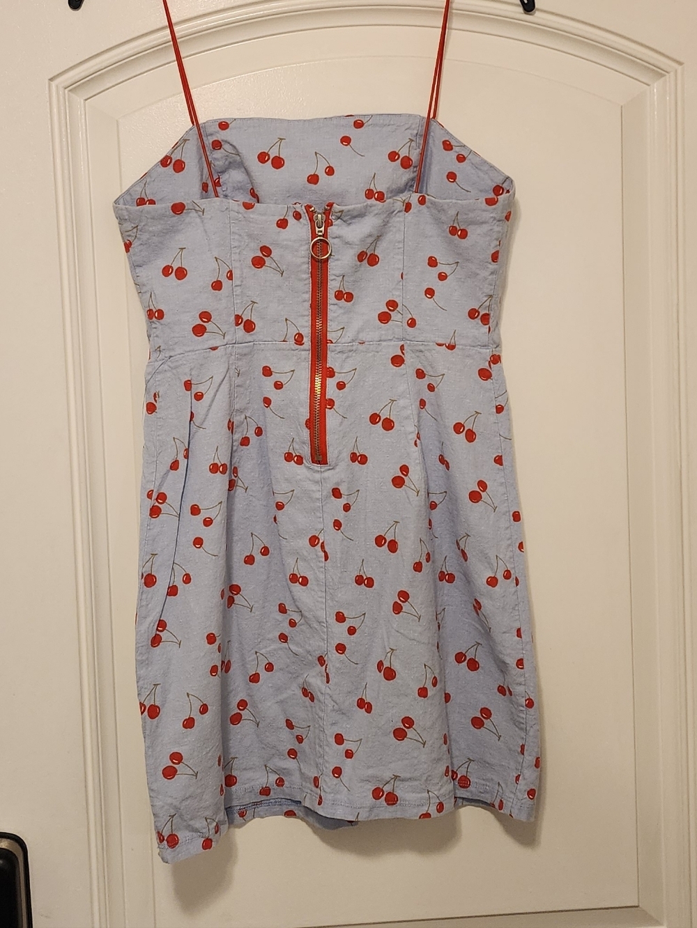 Urban Outfitters Light Blue Mini Dress with Red Cherry Print Spaghetti Strap 6 - Picture 2 of 5
